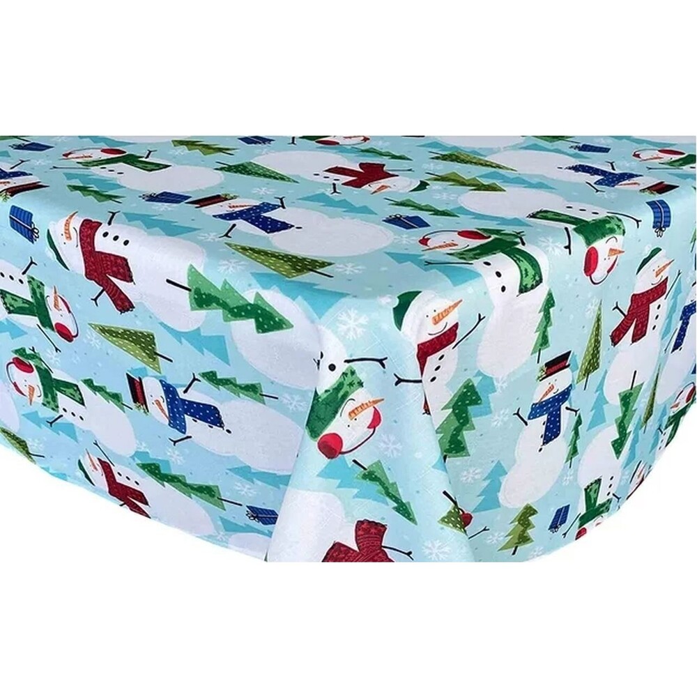 Printed Fabric Tablecloth, 70" Round, CHRISTMAS, SNOWMAN FUN ON BLUE, NB